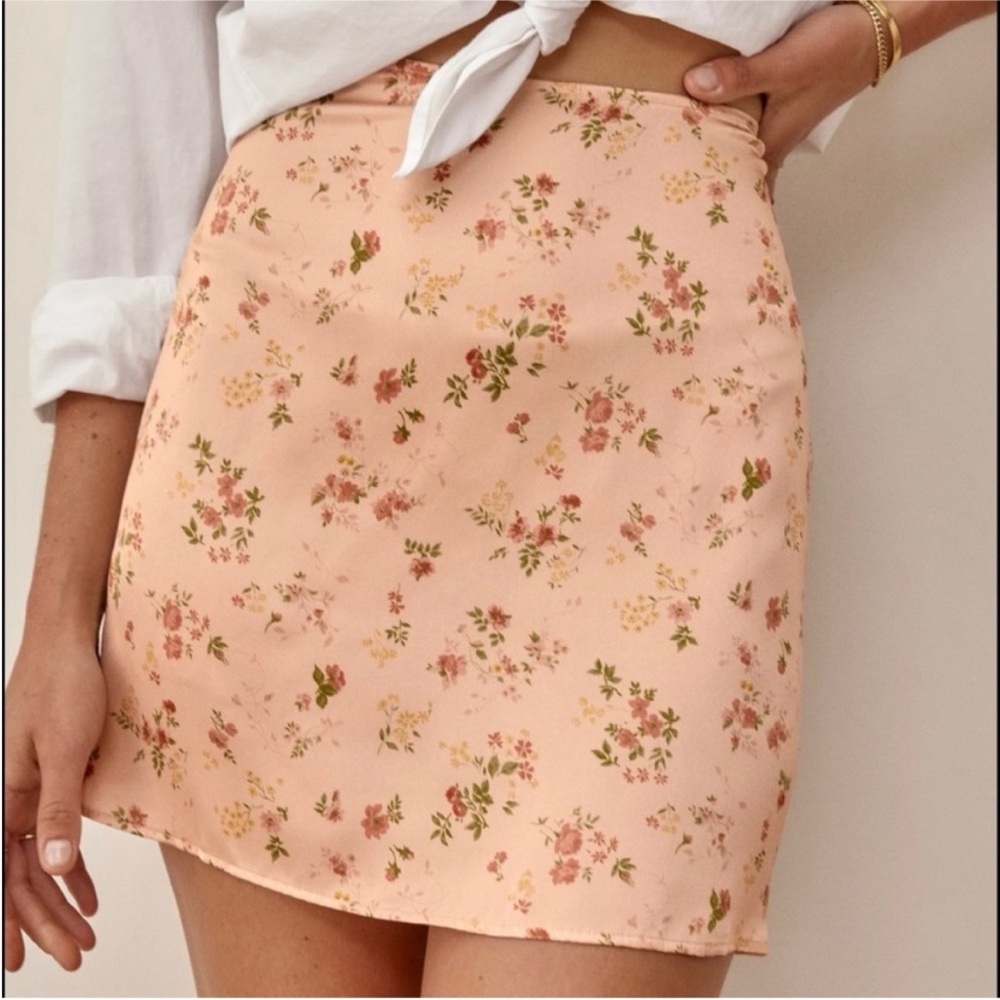 Reformation Silk Floral Peach Mini Skirt
